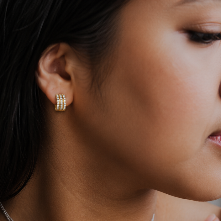 Triple Row Pavé Huggie Hoops – Gold