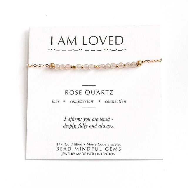 I AM LOVED Morse Code Jewelry- Rose Quartz