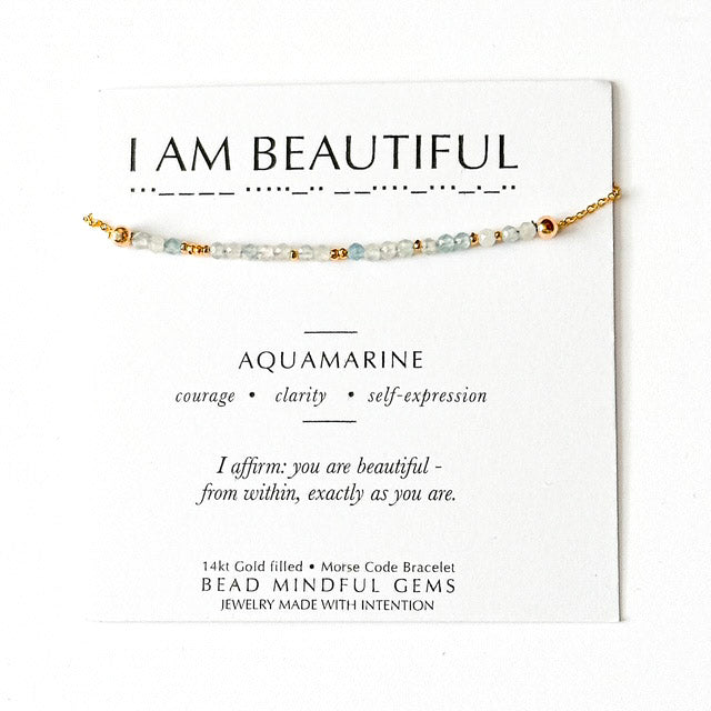I AM BEAUTIFUL Morse Code Jewelry- Aquamarine