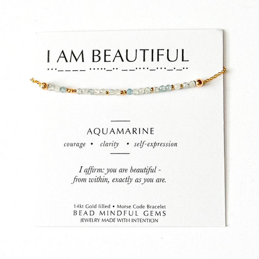 I AM BEAUTIFUL Morse Code Jewelry- Aquamarine