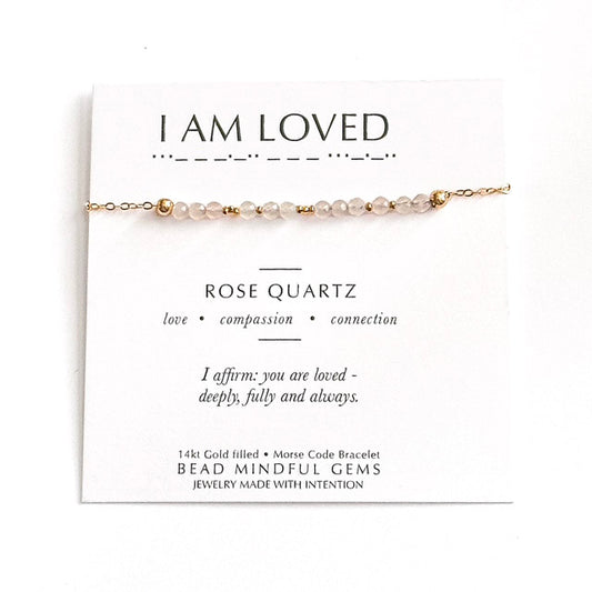 I AM LOVED Morse Code Jewelry- Rose Quartz